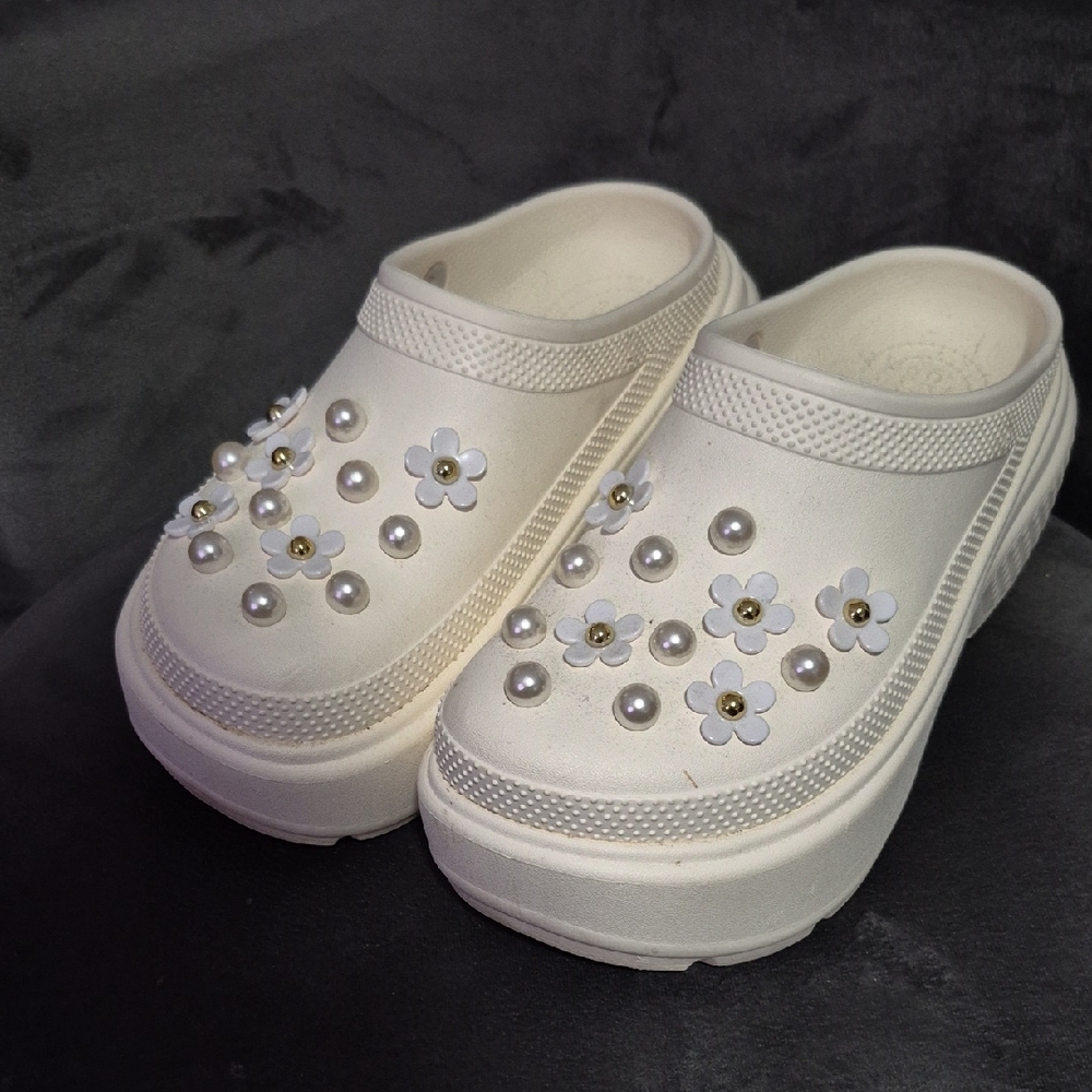 Women’s White Platform Crocs with Pearl & Flower Accents